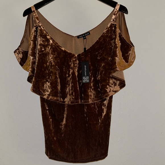 Cable & Gauge Brown Crushed Velvet Cold Shoulder Blouse Medium Top New with tag - Picture 1 of 4